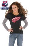 Женская кофта Детройт Ред Уингз / Detroit Red Wings Black Women's Primary Logo Tri Blend Long Sleeve Layered T-Shirt- by Alyssa Milano