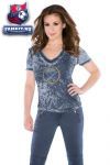 Женская футболка Баффало Сейбрз / Buffalo Sabres Women's Fade Route Crystals V-Neck T-Shirt - by Alyssa Milano 